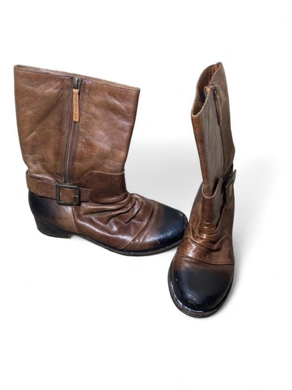 Vince Camuto Brown Leather Mid-Calf Ruched Boots With Black Toe/Heal & Buckle